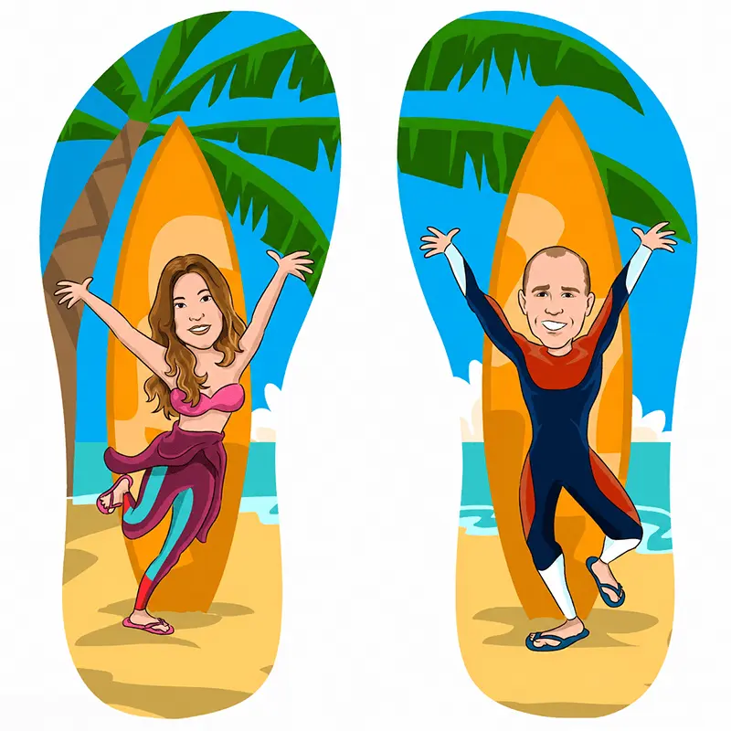 Caricatura de casal em chinelos personalizados com tema de praia