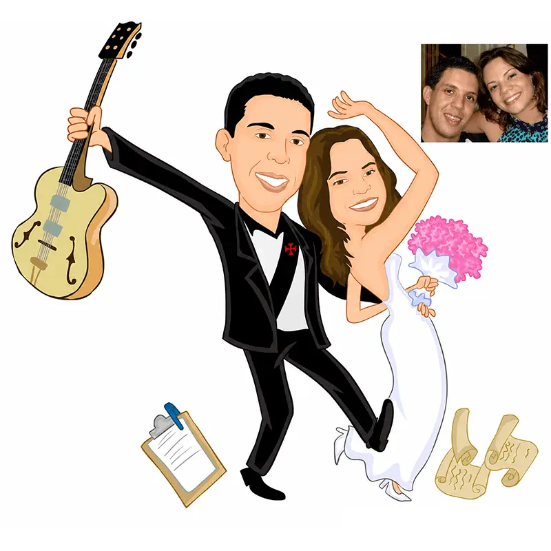 Caricatura de noivos dançando com guitarra e notas musicais