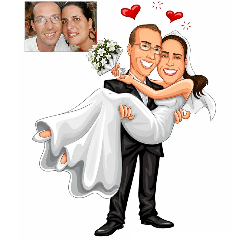 Caricatura de noivo carregando a noiva com buquê de flores