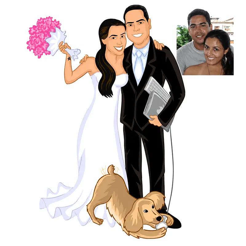 Caricatura de noivos com cachorro de estimação