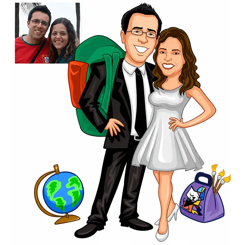 Caricatura de noivos viajantes com mochila e globo